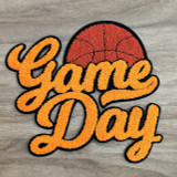 Basketball ORANGE Game Day Chenille Patch, sports-themed decorative patch with a basketball and the text 'Game Day' in orange chenille embroidery.