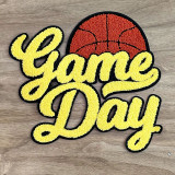 Basketball YELLOW Game Day Chenille Patch, yellow chenille patch with the words 'Game Day' and a basketball design.