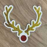 Reindeer Sequins Chenille Patch, festive reindeer head with gold antlers and a red nose, decorated with sequins.