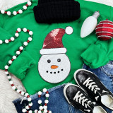 Sequin Snowman Patch, Christmas-themed decorative sequin embellishment featuring a snowman's face with a Santa hat on a green fabric background.
