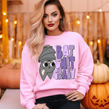 Bat Shit Crazy DTF Heat Transfer, pink sweatshirt with bat graphic and text design.