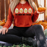 You Know Why I'm Here DTF Heat Transfer, close-up of a woman wearing a red sweatshirt with a graphic and text, holding a small pumpkin, surrounded by pumpkins and autumn decorations.