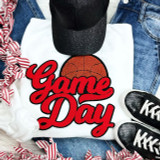 Basketball RED Game Day Chenille Patch, a vibrant red chenille patch featuring a basketball and the words "Game Day" in bold red and black embroidered letters.