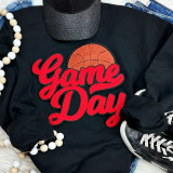 Basketball RED Game Day Chenille Patch, embroidered red and orange basketball patch with 'Game Day' text on black clothing