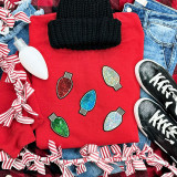 Sequin Bulb Patches, colorful glittery Christmas light bulb shaped patches on red sweater for festive holiday decor and clothing customization.