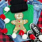 Sequin Gingerbread Man Patch, glittery gingerbread man embellishment with colorful sequins and white icing details.