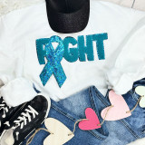 Teal Ribbon Fight Sequins Chenille Patch, a glittery teal ribbon patch with sequins and chenille texture, displayed on a white sweatshirt alongside denim jeans and decorative paper hearts.
