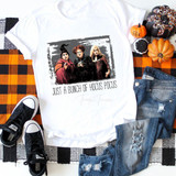 It's Just A Bunch Of Hocus Pocus Fan Art Sublimation Transfer T-shirt, featuring a Halloween-themed graphic of three witches with the caption 'Just A Bunch Of Hocus Pocus'.