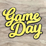 NO SPORT Yellow Game Day Chenille Patch, a yellow embroidered patch with black outlining displaying the words 'Game Day' in cursive script.