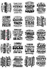 Super Snarky Variety Pack Sticker Sheet, collection of humorous and sassy black-and-white stickers with witty quotes and sayings about attitude, personality, and style.