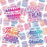 Super Snarky Variety Pack Sticker Sheet, a collection of humorous and sassy stickers with witty phrases such as 'I love sarcasm,' 'I can keep my mouth shut but you can read the subtitles on my face,' 'I would like to thank my middle finger for always sticking up for me,' and 'I don't have an attitude, I have a personality you can't handle.'