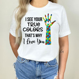 True Colors Single Hand DTF Heat Transfer, colorful puzzle piece hand design on a white T-shirt.