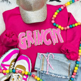 Pink Grinchy Chenille Patch, vibrant pink chenille patch with sparkly glittery outlining and textured lettering.