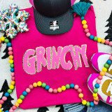 Pink Grinchy Chenille Patch, a playful and colorful fabric appliqué featuring the Grinch character from the Christmas story.