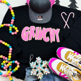 Pink Grinchy Chenille Patch, pink and glittery chenille patch with the word 'GRINCHY' in bold letters.
