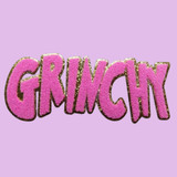 PINK YOUTH Grinchy Chenille Patch, pink chenille patch with the word 'GRINCHY' outlined in gold glitter on a lavender background.