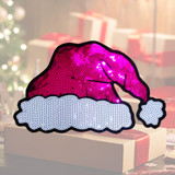 Sequin Santa Hat Patch, festive Christmas hat with shiny pink and white sequins and black embroidery outline.