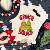 Green Guy Squad Stuffies DTF Heat Transfer, festive holiday themed shirt with cartoon monster characters and the text 'GRINCH SQUAD' surrounded by Christmas decorations.