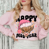 Happy Moo Year DTF Heat Transfer, colorful festive graphic featuring a cartoon cow with a pink checkered Santa hat, surrounded by sparkle and star accents.