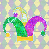 Sequin Jester Hat Patch, colorful jester hat with green, purple, yellow, and pink sequins on a pastel harlequin background.