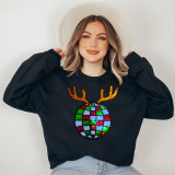 Reindeer Disco Ball Sequin Patch, colorful holiday-themed reindeer face with reindeer antlers and disco ball design.