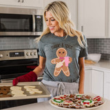 Sugar & Spice DTF Heat Transfer, cute gingerbread man design on a woman's t-shirt.
