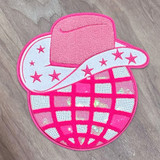 Cowboy Hat Sequin Disco Ball Chenille Patch, pink and white patch with star and disco ball design, featuring sequin and chenille details.