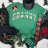 Granny Plaid DTF Heat Transfer, festive holiday-themed design on a green t-shirt with Christmas accessories.
