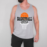 Basketball Dad Hoops DTF Heat Transfer, design featuring a basketball and a basketball hoop with text "Basketball Dad" on a gray tank top.