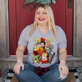 Left Alone DTF Heat Transfer, colorful humorous graphic design on a woman's gray t-shirt featuring cartoon characters and the text 'Home Alone'.