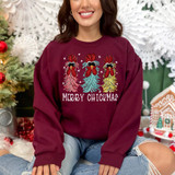 Merry Chickmas WHITE DTF Heat Transfer, image of a woman wearing a festive Christmas sweatshirt with colorful chicken illustrations and holiday message.