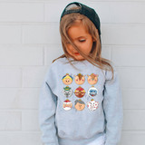 Deer Ornaments DTF Heat Transfer, colorful cartoon of nine cute deer ornaments with different facial expressions on a child's sweatshirt.