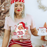 Merry Vibes Retro DTF Heat Transfer, vintage Christmas design with Santa Claus face and holiday greeting on a women's t-shirt