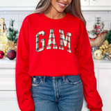 Gam Plaid DTF Heat Transfer, colorful plaid pattern spelling out 'GAM' on a red sweatshirt.