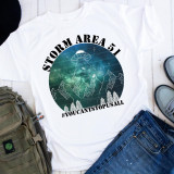 Storm Area 51 You Can't Stop Us All Blue Sublimation Transfer T-shirt with UFO, mountains, and space design.