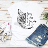 Sorry I Can't I Have Plans With My Cat Sublimation Transfer T-shirt, featuring a black and white illustration of a cat's face with text overlay.