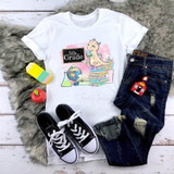 Back To School Dragon Pink Fifth Grade Sublimation Transfer T-shirt, featuring a cute dragon with school books, globe, and science lab equipment, designed for fifth grade students.