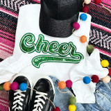 GREEN Cheer Sequin Patch, a vibrant green sequin embroidered patch with the word 'Cheer' on a white fabric background.