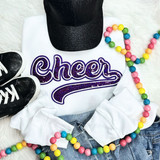 PURPLE Cheer Sequin Patch, purple shiny embroidered cheer logo patch on a white sweatshirt.
