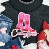 Cowboy Lover Sequin Patch, pink cowboy boots with heart details and text 'cowboy love' embellished with sequins.