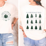 O Christmas Tree DTF Heat Transfer, image of a white t-shirt showcasing a Christmas tree print design with various types of pine trees.
