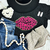 Pink Leopard Lips Chenille Patch, pink and black animal print lips embroidered on a patch for clothing embellishment.