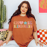 Choose Kindness Retro DTF Heat Transfer, colorful graphic design with hearts and stars on a woman's T-shirt.