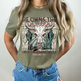 He Owns The Cattle DTF Heat Transfer, a graphic t-shirt featuring a cow skull, desert cacti, and a biblical verse from Psalms 50.