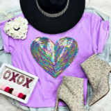 RAINBOW HEART Sequin Patch, colorful rainbow heart design made of shimmering sequins on a purple t-shirt.