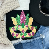 Mardi Gras Mask Sequin Patch, colorful and shiny mask with sequins, featuring a vibrant design of a pineapple and geometric patterns.