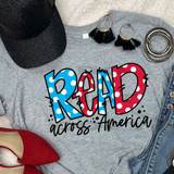 Read Across America DTF Heat Transfer, colorful polka dot text design on a gray T-shirt with accessories.