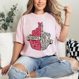 Sensitive Savage DTF Heat Transfer, a colorful design of a skeleton hand holding a heart made of multiple smaller hearts with banner displaying 'Sensitive Savage'.