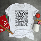 Second Grade Typography Word Art Sublimation Transfer, white T-shirt with black doodle-style number 2 and text design for second grade classroom decor.