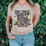 Today's Forecast DTF Heat Transfer, humorous weather-themed graphic with weather icons and text on a woman's t-shirt.